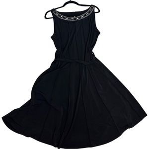 Flapper-style Boatneck Sleeveless stretchy dress. Black w/jewels. A-line. Sz 12
